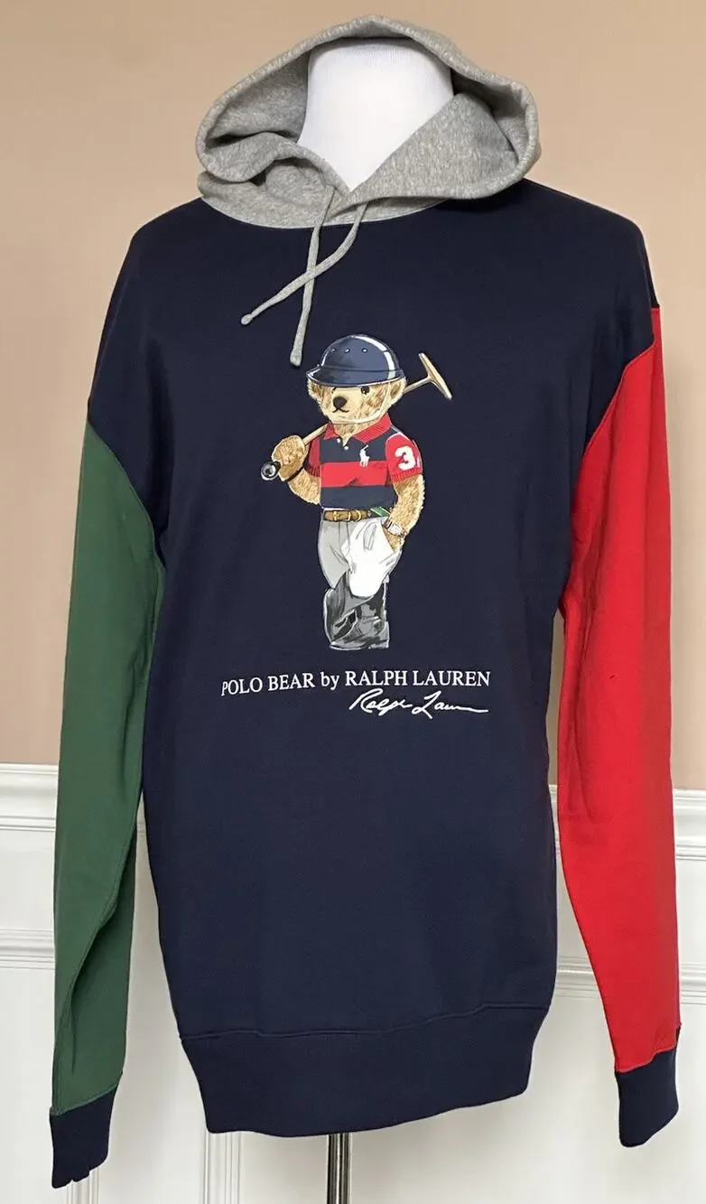 NWT $188 Polo Ralph Lauren Bear Sweatshirt with Hoodie Blue/Green/Red 2XLT/2TGL